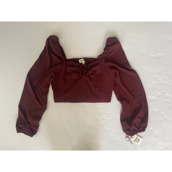Open Edit Ruched Long Sleeve Keyhole Crop Top Burgundy Tannin S‎ - Picture 7 of 10